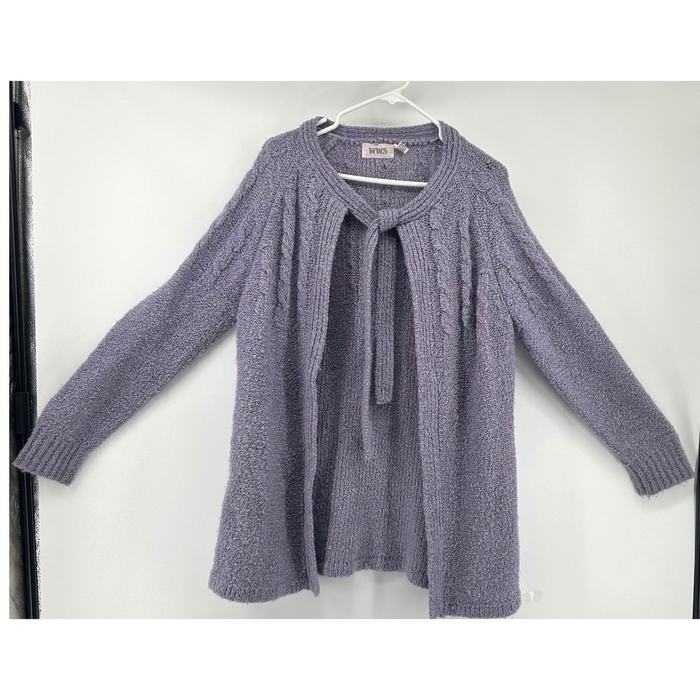 Women Purple Cable Knit Tie Neck Open Front Cardigan Sweater Size 40 Vintage